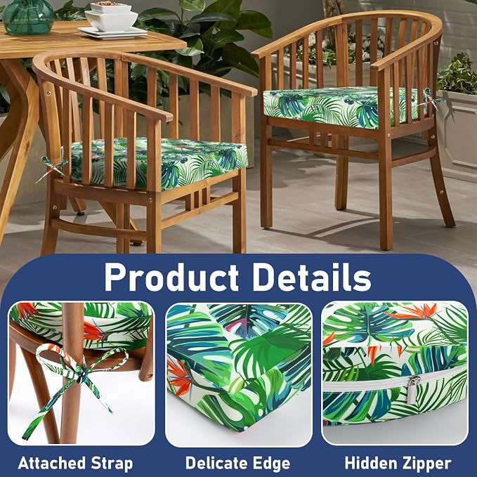 Topotdor Outdoor Chair Cushions Set of 2, Waterproof Patio Chair Cushions for Outdoor Furniture, Round Corner Seat Chair Pads with Ties for Patio Garden Dining Office, 17"x16"x2", Tropical Plant