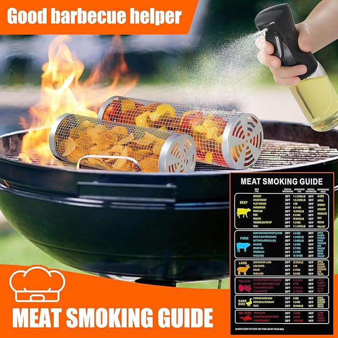 10-Piece BBQ Set: 2 Rolling Grill Baskets for Effortless Flipping, 304 Stainless Steel for Easy Clean, Sausage & Vegetables, Oil Bottle, Forks, Brushes, Outdoor Camping Grilling Accessories, Gifts for Men Dad Husband