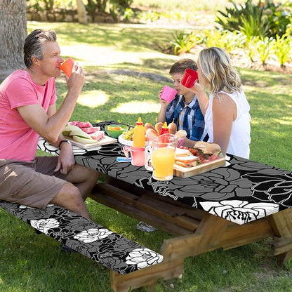 Picnic Table Cover with Bench Covers, Black Flowers, 3PCS, 72 Inch | Full Elastic Edge Waterproof Wipeable Camping Tablecloth RV Outdoor Patio Park Essentials With Drawstring Bag
