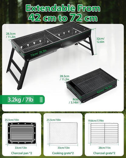 Kizmyee Portable BBQ Barbecue Grill, Foldable & Retractable BBQ Grill | Compact for Travel & Expandable for Multi-Person Use, for Outdoor Camping Picnic Backyard Travel