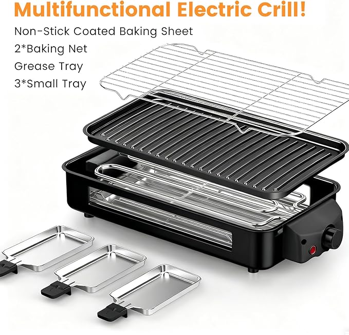 Electric Indoor Grill 1700W - YOHAWJAN 2 in 1 Smokeless Indoor Grill Pan for Kitchen with Grilling Net & Non-Stick Removable Griddle Plate, Temperature Control Korean BBQ Grill with 3 Cheese Pan