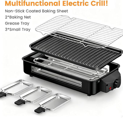 Electric Indoor Grill 1700W - YOHAWJAN 2 in 1 Smokeless Indoor Grill Pan for Kitchen with Grilling Net & Non-Stick Removable Griddle Plate, Temperature Control Korean BBQ Grill with 3 Cheese Pan