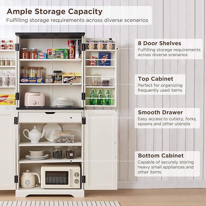 ACCOHOHO 72" Tall Kitchen Pantry, Farmhouse Storage Cabinet with Barn Doors, Organizer, Drawer and Adjustable Shelves, Rustic Wood Cupboard for Kitchen, Dining Room, Bathroom, Off White | Barn Doors