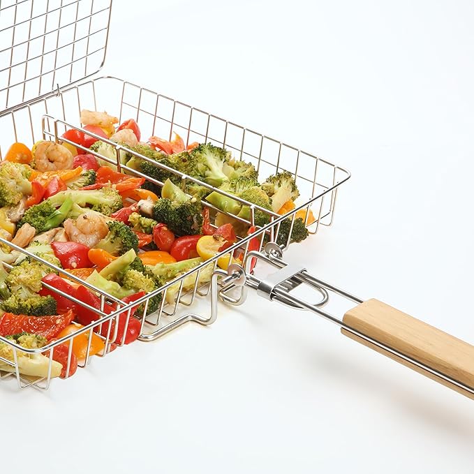 UNCO- BBQ Grill Basket with Wooden Handle, Stainless Steel, Heavy Duty Fish Grill Baskets for Outdoor Grill, Fish Basket for Grilling Basket for Outdoor Grill