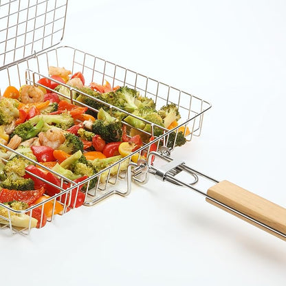 UNCO- BBQ Grill Basket with Wooden Handle, Stainless Steel, Heavy Duty Fish Grill Baskets for Outdoor Grill, Fish Basket for Grilling Basket for Outdoor Grill