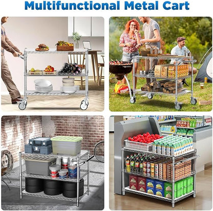 Commercial Rolling Utility Cart,45In Large Kitchen Carts with Wheels | 3 Tier Heavy Duty Serving Cart with Handle & Shelf Liners, NSF Storage Cart for Restaurant,45"D x 25"W x 39"H-Chrome