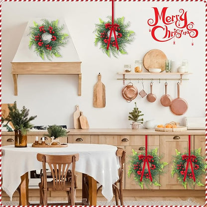 Suncalla 6 Pcs 11 Inch Mini Christmas Cabinet Wreath for Kitchen Christmas Berry Hanging Cabinet Wreath Decor with Red Bow Artificial Pine Candle Ring for Xmas Door Fireplaces Table Centerpiece