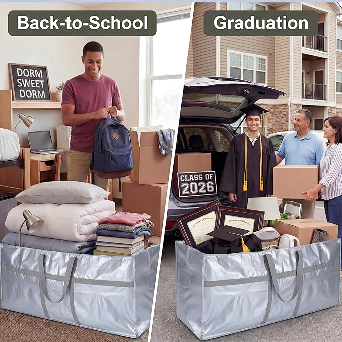 4 Pcs 149 Gallon Extra Large Moving Bags Heavy Duty Storage Bag with Strong Zipper Handle Foldable XXL Jumbo Storage Tote Packing Moving Box for College Dorm Travel Cloth Duffle (Silver)