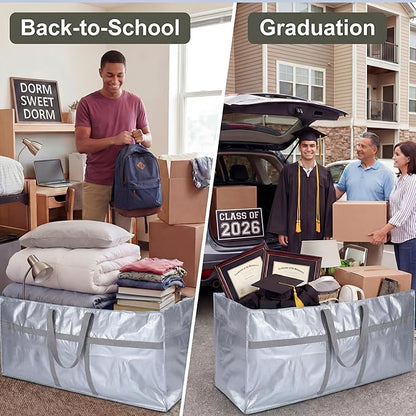 6 Pcs 66 Gallon Extra Large Moving Bags Heavy Duty Storage Bag with Strong Zipper Handle Foldable XXL Jumbo Storage Tote Packing Moving Box for College Dorm Travel Cloth Duffle (Silver)