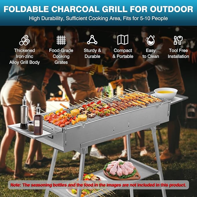 IRONWALLS Portable Charcoal Grill Outdoor Cooking, 32”L x 10”W Folded Camping Barbecue Grill with Storage Shelf, Metal Kebab Skewers, Rectangular Lamb Skewer Grill for Backyard Party Picnic Travel