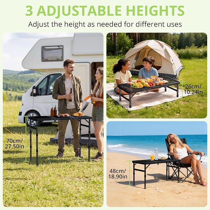 3ft Folding Grill Table, Heat-Resistant Tabletop 3 Heights 27.5" | Aluminum Camping Table, Waterproof & Easy to Clean, Lightweight, Portable Handle for Cooking BBQ Patio, 35" x 16", Black