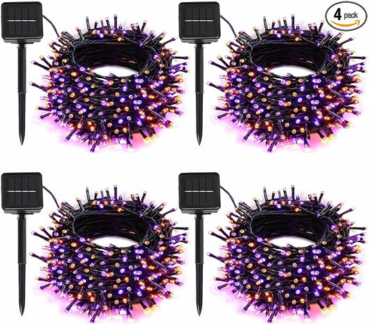 SyouHome 4-Pack Solar String Lights,156Ft Extra-Long 400 LED Waterproof Solar Halloween Lights, 8 Modes for Garden, Patio, Wedding (Purple & Orange)