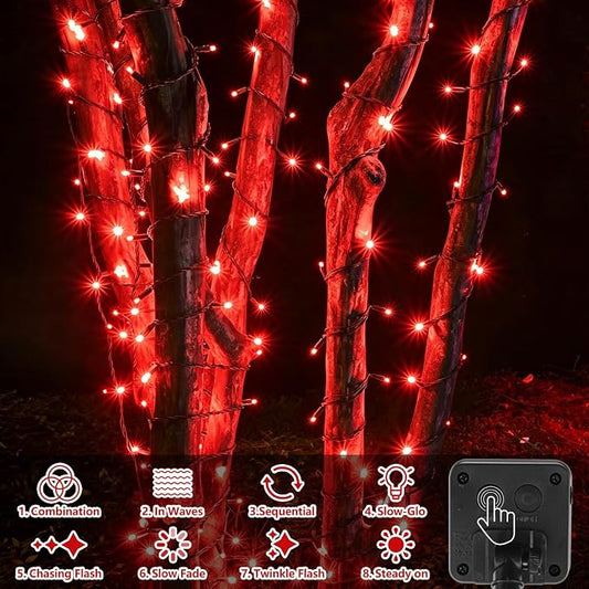 QITONG Red Solar String Lights, 2 Pack Each 33ft 100 LED Christmas Lights Outdoor Waterproof, 8 Modes Green Wire Solar Twinkle Lights for Outside