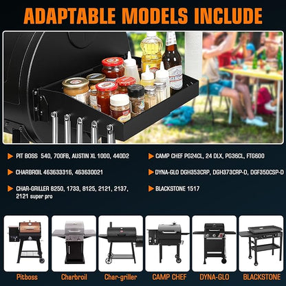 GRISUN Adjustable Folding Grill Side Shelf for Pit Boss 540 & 700FB, Side Prep Table with 5 Tool Hooks for Camp Chef, Char-Griller & Dyna-Glo Grills