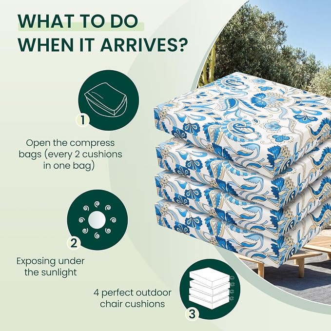 HARBOREST Outdoor Chair Cushions Set of 4, Water Resistant Patio Chair Cushions with Ties, Square Corner Outdoor Seat Cushions for Patio Furniture, 18.5"x16"x3", Blue Butterfly