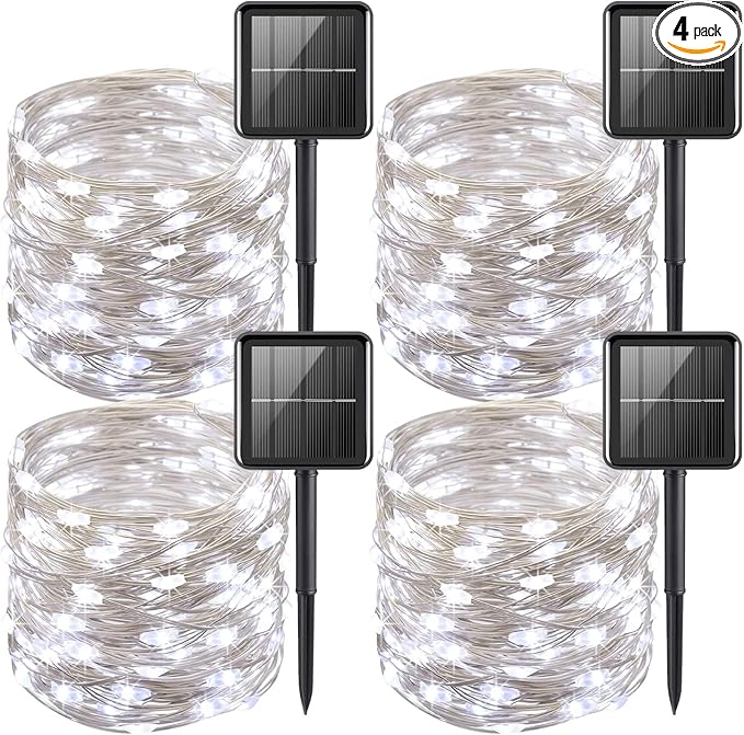YEGUO 4 Pack White Solar Fairy Lights, Each 33ft 100 LED Christmas Lights Outdoor Waterproof, 8 Modes Sliver Wire Solar String Lights