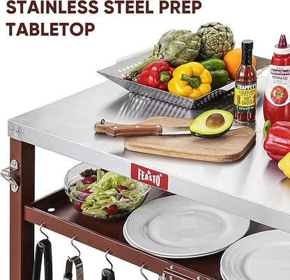 Feasto 3-Shelf Pizza Oven Table with 33.5" x 21.7" Stainless Tabletop, Outdoor Grill Cart with Tank Hook for Pizza Ovens & Griddles, Heavy-Duty Prep Station for Patio BBQ and Deck Parties, Coffee
