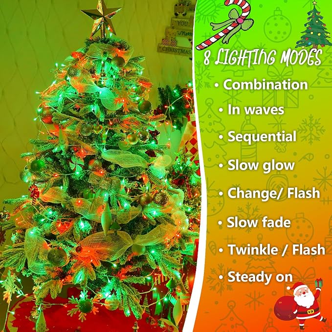 YEGUO 165ft 500 LED Red and Green Christmas Lights Outdoor Waterproof, Clear Wire String Lights Indoor Plug in, 8 Modes Clear Wire Twinkle Tree Light for Xmas Party Garden