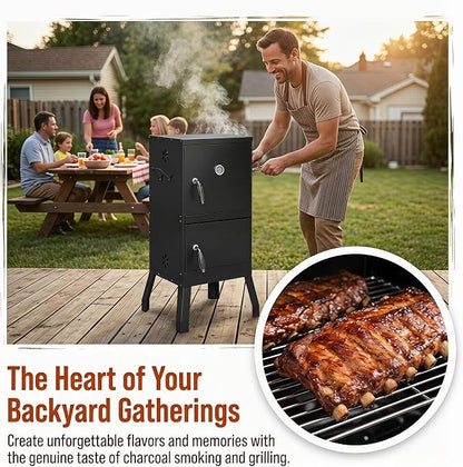 Vertical Charcoal Grill & Smoker, Outdoor Backyard BBQ with Double Doors, Detachable Racks, Thermometer and Adjustable Air Vents for Smoking and Grilling, Black