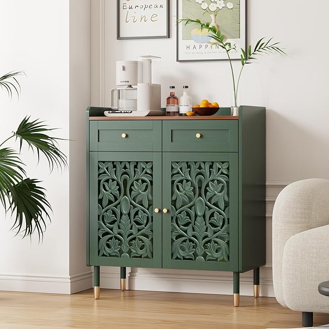3More Sideboard Buffet Cabinet with Retro Carving Pattern Set of 2, Kitchen Pantry Storage Cabinet with 1 Drawer & 2 Doors, Coffee Bar for Living Room, Kitchen, Dining Room, Green