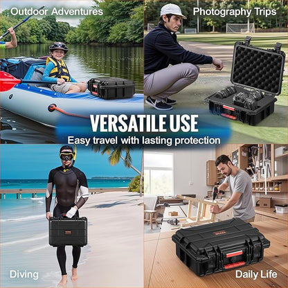 VEVOR Weatherproof Hard Case, Heavy Duty Protective Dry Box with Pre-cut Foam, Retractable Pull Handles for Travel, Hunting, Military, Tactical, IP67 Waterproof Case for Cameras(14.96x11.81x5.51)