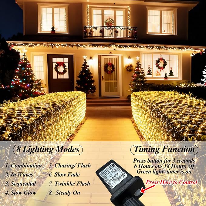 300 LED Net Lights, 14.8ft x 5ft 8 Modes Christmas Outdoor Mesh Lights Connectable, Waterproof Decorative String Lights Plug in for Bushes Xmas Tree Garden Wedding Party (Clear Wire, Warm White)