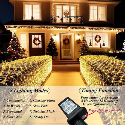 300 LED Net Lights, 14.8ft x 5ft 8 Modes Christmas Outdoor Mesh Lights Connectable, Waterproof Decorative String Lights Plug in for Bushes Xmas Tree Garden Wedding Party (Clear Wire, Warm White)