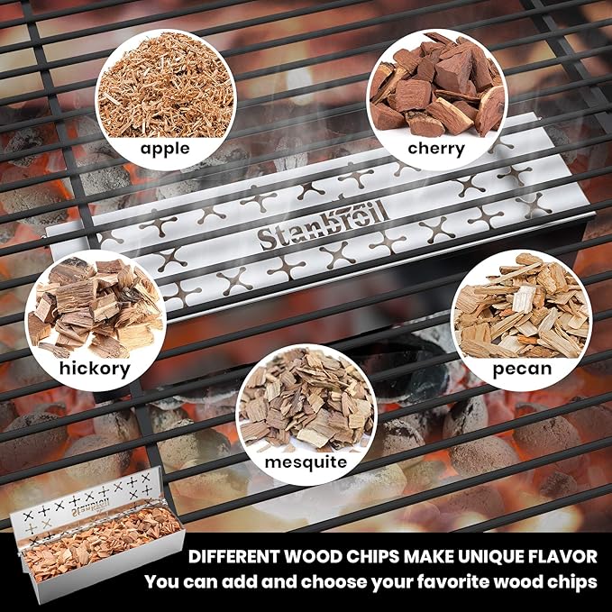 Stanbroil Stainless Steel Smoker Box for Gas Grilling, Wood Chip Smoking Box for Enhanced Smoke Flavor, Double V-Shape Design and Hinged Lid for Gas & Charcoal Grill