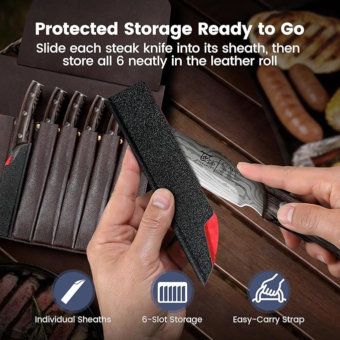 SYOKAMI Steak Knives Set of 6 with Portable Leather Roll & Individual Sheaths, 4.8 Inch Non Serrated Dinner Knives, High Carbon Stainless Steel, Full Tang Wood Handle, Gift Box for BBQ Outdoor Dining