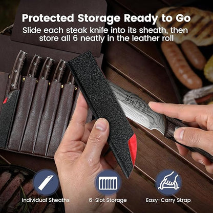 SYOKAMI Steak Knives Set of 6 with Portable Leather Roll & Individual Sheaths, 4.8 Inch Non Serrated Dinner Knives, High Carbon Stainless Steel, Full Tang Wood Handle, Gift Box for BBQ Outdoor Dining