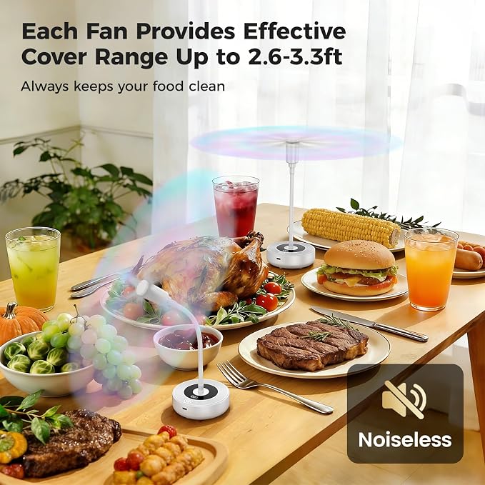 TriPole Fly Fans for Tables with Battery Display, Rechargeable, 20H Runtime | 2000mAh Rechargeable Food Fan, Quiet Operation, Flexible Neck for 360° Coverage Outdoor Fan for Picnic, Party, BBQ, Kitchen