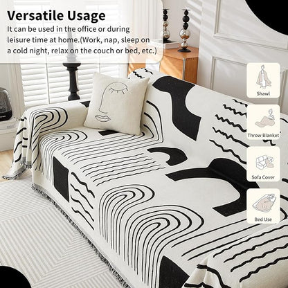 WEYOND Chenille Couch Cover Tassels, Sofa Cover Washable, 71" x 102", Black | Boho Sofa Slipcover for 3 Cushion Couch, L-Shaped Sectional, Loveseat, 2/3/4 Seater