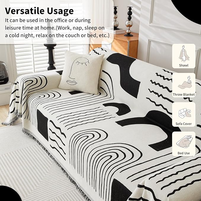 WEYOND Chenille Couch Cover Tassels, Sofa Cover Washable, 71" x 134", Black | Boho Sofa Slipcover for 3 Cushion Couch, L-Shaped Sectional, Loveseat, 2/3/4 Seater
