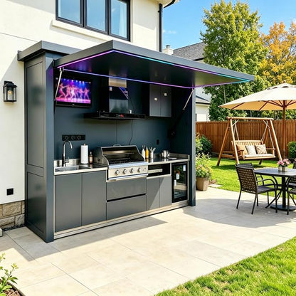 Prefab Outdoor Kitchen Kits, Modular Outdoor Kitchen Pod with Roof Storage Cabinet Burners Sink, Backyard Patio Outdoor BBQ Kitchen Island Cooking Station