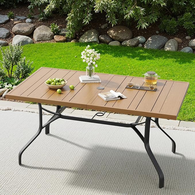 Outdoor Patio Table with 1.57" Umbrella Hole, 60"x35" Outdoor Dining Table Wood-Like Texture, All-Weather Metal Frame Patio Dining Tables for Poolside, Deck, Proch