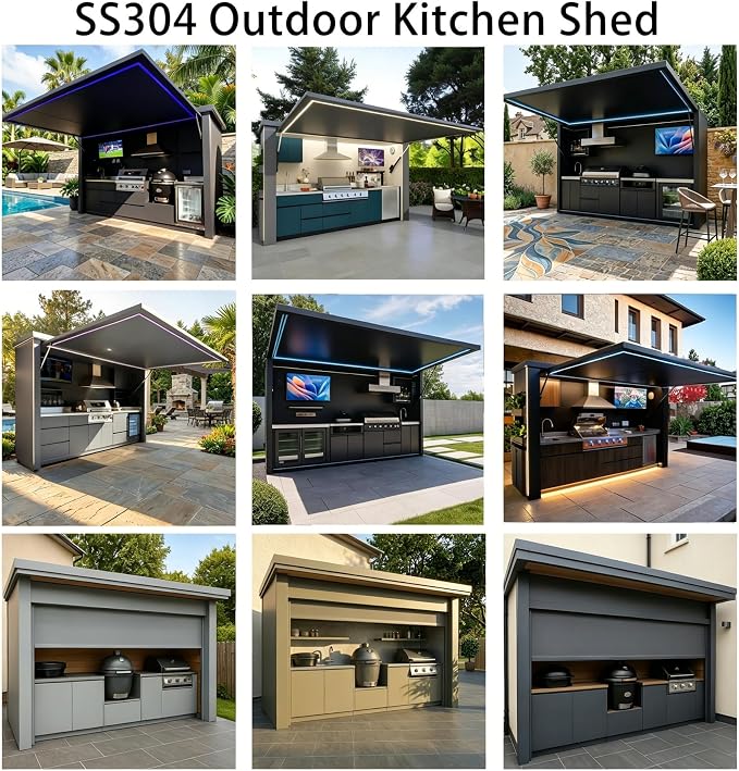 Luxury Prefab Outdoor Kitchen Kits with Roof Storage, Modular Outdoor Kitchen Island with Grill, Sink, Burners, Refrigerator, Patio and Backyard Cooking Station