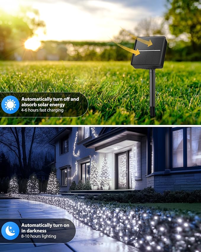 Brightown Solar Outdoor String Lights - 46 FT 120 LED Solar String Lights for Outside with 8 Lighting Modes, IP65 Waterproof Solar Outdoor Lights, Suitable for Tree Party Decor, Pure White