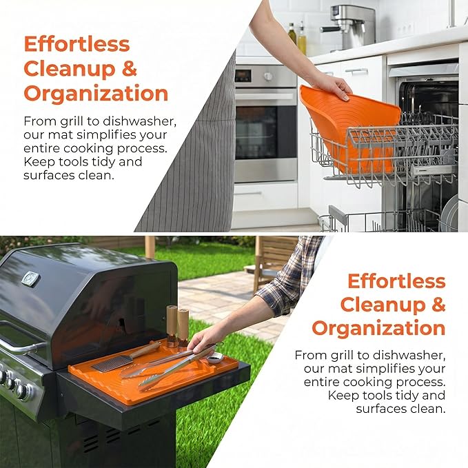 Silicone Grill Mat Compatible with Blackstone,Heat Resistant,16 x 11.5 Inches,Three-Zone Design with Storage Compartment, Dishwasher Safe (Orange)