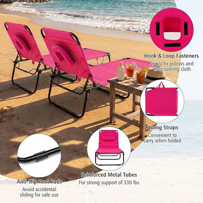 GYMAX Tanning Chair, Folding Lounge Chairs with Face Hole & Cover, Removable Pillow Carry Handle, Portable Compact Outdoor Layout Recliner for Beach, Poolside, Lawn, Patio, Camping (Pink,2)