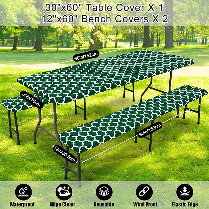 Smiry Picnic Table Cover with Bench Covers, Waterproof Elastic Fitted Tablecloth for 5 Foot Tables, Washable Polyester Tablecloths for Camping, Indoor & Outdoor (Emerald Green, 30x60 Inch 3-pc Set)