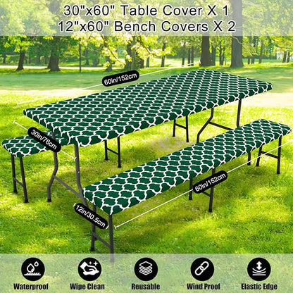 Smiry Picnic Table Cover with Bench Covers, Waterproof Elastic Fitted Tablecloth for 5 Foot Tables, Washable Polyester Tablecloths for Camping, Indoor & Outdoor (Emerald Green, 30x60 Inch 3-pc Set)
