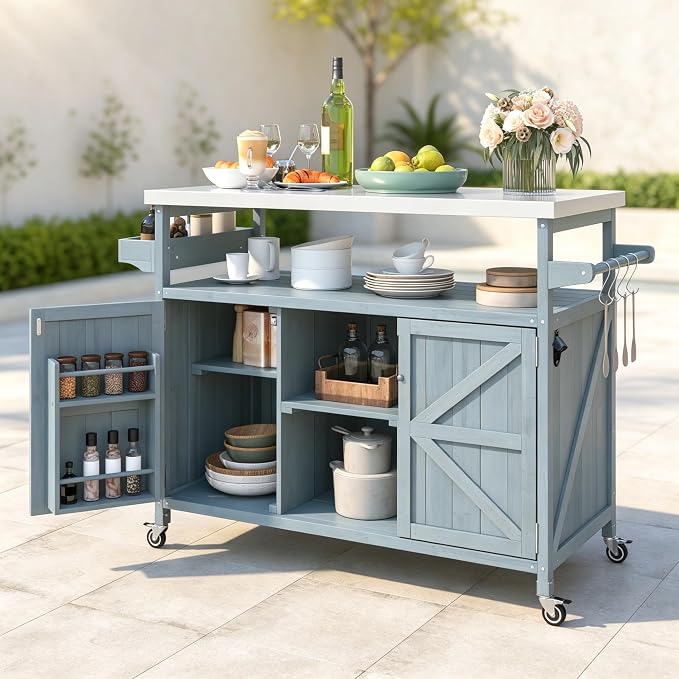 50.25" Outdoor Grill Table with Storage & Locking Wheels | Outdoor grill table,outdoor wood cabinet for grill,kitchen island with storage,steel top,spice rack,prep table for grilling