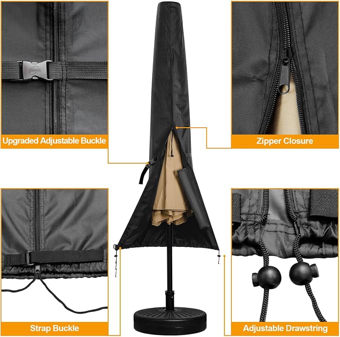 Patio Umbrella Cover for 13'-15' Double-Sided Umbrella, Upgraded 600D Heavy Duty Outdoor Umbrella Covers with Support Pole and Zipper
