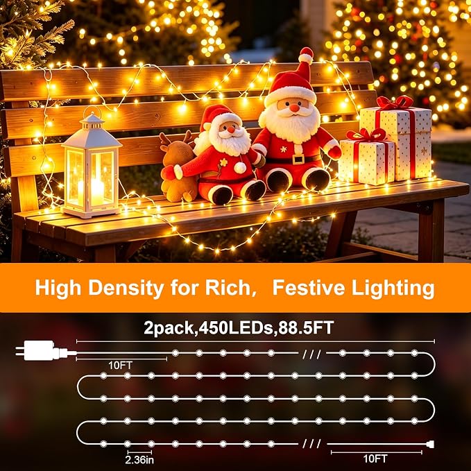 2 Pack 450 LED Fairy Lights Plug in 2 x 88FT Total 176FT Silver Wire Twinkle String Light with Remote Timer Dimmable Waterproof Copper Wire Lights for Bedroom Patio Garden Tree Wedding Christmas Decor