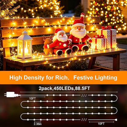 2 Pack 450 LED Fairy Lights Plug in 2 x 88FT Total 176FT Silver Wire Twinkle String Light with Remote Timer Dimmable Waterproof Copper Wire Lights for Bedroom Patio Garden Tree Wedding Christmas Decor