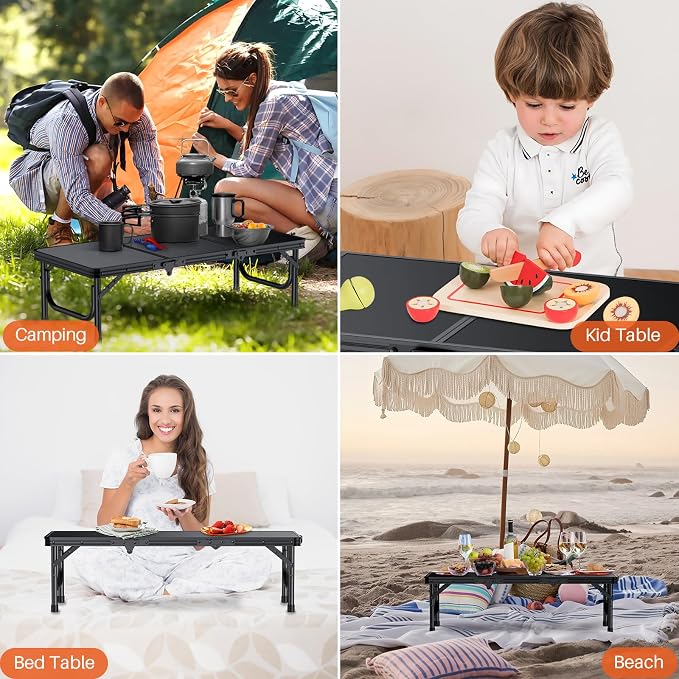 FUNYKICH 3ft Low Folding Camping Table with Carry Bag, 34.2'' Lx15.7'' W Portable Picnic Tables, Lightweight Thicker Aluminum Beach Table with Carry Handle for Beach, Camping, Picnic, Black
