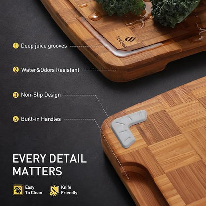 Extra Large Bamboo Wooden Cutting Board Wood Cutting Boards for Kitchen | Heavy Duty, End Grain, Non Toxic, Non Slip, Cutting Board Set, Solid Thick, Juice Groove, Butcher Block, Best Kitchen Gift