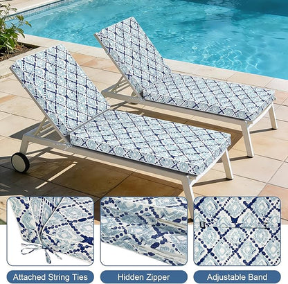 LVTXIII Outdoor Chaise Lounge Cushion 72x21x3 Inch, Water-Repellent Patio Seat Cushion with Ties & Hidden Zipper, Thick Foam Pad for Lawn Chair, Poolside, Patio Furniture, Boho Geometry Blue