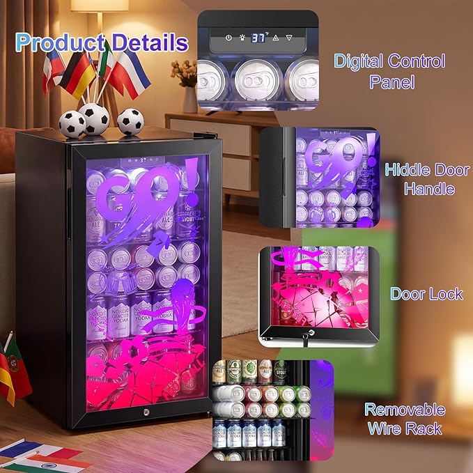 Small Beverage Refrigerator with LED Light Up Door – 128 Can Freestanding Drink Fridge, Mini Beer Cooler with 4 Removable Shelves, Child Safety Lock for Party Bar Gaming Room,World Cup Edition