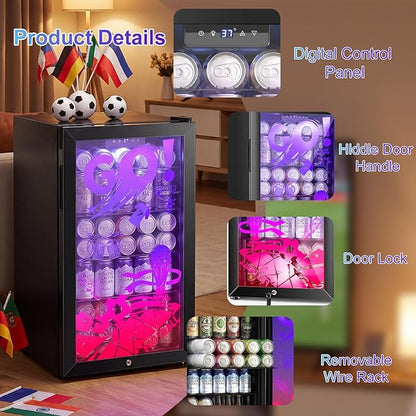 Small Beverage Refrigerator with LED Light Up Door – 128 Can Freestanding Drink Fridge, Mini Beer Cooler with 4 Removable Shelves, Child Safety Lock for Party Bar Gaming Room,World Cup Edition